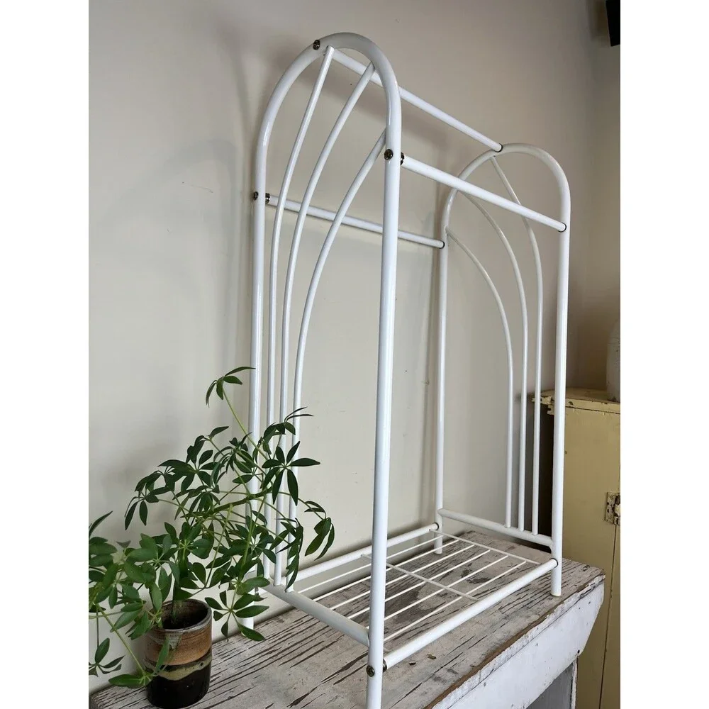 Vintage MCM White Metal Towel Caddy Rack Stand Free Standing Bathroom Retro MINT